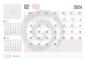 Calendar 2024 planner corporate template design February month