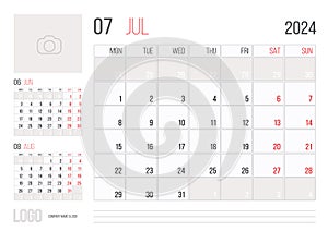 Calendar 2024 planner corporate template design - July month