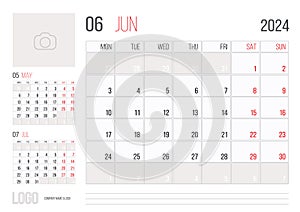 Calendar 2024 planner corporate template design - June month