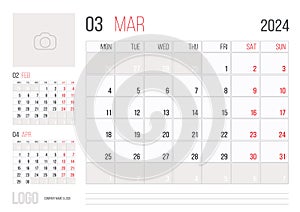 Calendar 2024 planner corporate template design March month