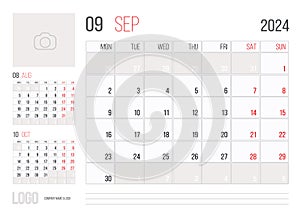 Calendar 2024 planner corporate template design - September month