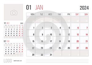 Calendar 2024 planner corporate template January month