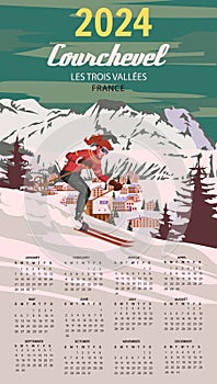 Calendar 2024 Ski Courchevel resort Vintage wall poster
