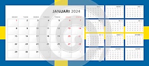 Calendar 2024 in Swedish. Wall quarterly calendar for 2024 in classic minimalist style. Week starts on Monday. Set of 12 months.