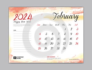 Calendar 2024 template, Desk Calendar 2024 template, February 2024, week start on sunday, Wall calendar, planner, stationery,