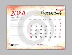 Calendar 2024 template, Desk Calendar 2024 template, November 2024, week start on sunday, Wall calendar, planner, stationery,