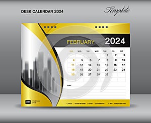 Calendar 2024 template gold concept, February 2024 template, Desk calendar 2024 year on gold backgrounds luxurious concept, Wall