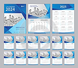 Calendar 2024 template and Set of 12 Months, Set Desk calendar 2024 design, Calendar 2025 design poster, blue cover design vector