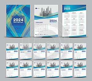 Calendar 2024 template set and 2025 year minimal Blue background, wall calendar 2024, Desk calendar 2024 set, cover design, Set of