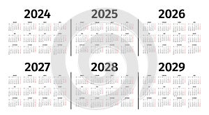 Calendar for 2024 to 2029 year. Calendar template, layout in black and white colors. Annual 2024 to 2029 calendar mockup on white
