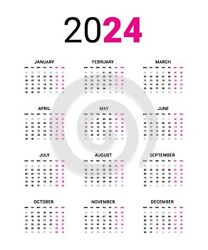 Calendar 2024 in vector. English text