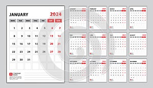 Calendar 2024 week start monday, wall calendar 2024 year, desk calendar 2024 design vector set 12 months, Poster, planner,