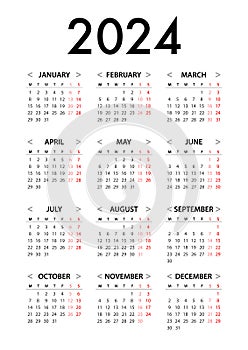 Calendar for 2024 Week Starts Monday. Simple Vector Graphic