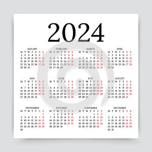 Calendar 2024 year. Calender layout grid of year planner Vector illustration