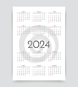 Calendar for 2024 year. Calender template with 12 month. Vector illustration