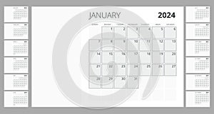 Calendar for 2024 year. Print template with place for photo. Set of 12 calendar pages. Stationery design 2024