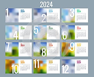 Calendar for 2024 year. Print template with place for photo. Set of 12 calendar pages. Stationery design 2024