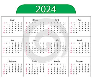 Calendar 2024 year. Vector illustration. The week starts on Sunday.