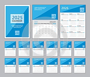 Calendar 2025-2026 template, Set Desk calendar 2025 template, Set of 12 Months, Wall calendar 2026 design