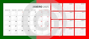 Calendar 2025 in Portuguese. Wall quarterly calendar for 2025 in a classic minimalist style. Week starts on Monday. Set of 12
