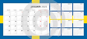 Calendar 2025 in Swedish. Wall quarterly calendar for 2025 in classic minimalist style. Week starts on Monday. Set of 12 months.