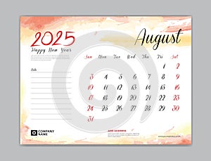 Calendar 2025 template, Desk Calendar 2025 template, August 2025, week start on sunday, Wall calendar, planner, stationery,