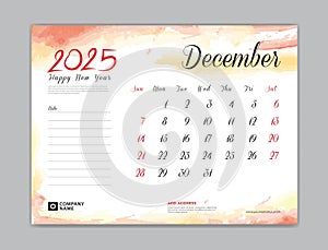 Calendar 2025 template, Desk Calendar 2025 template, December 2025, week start on sunday, Wall calendar, planner, stationery,