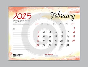 Calendar 2025 template, Desk Calendar 2025 template, February 2025, week start on sunday, Wall calendar, planner, stationery,