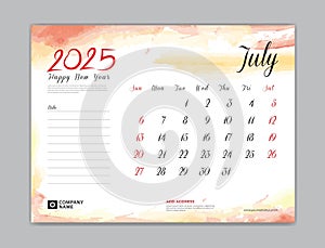 Calendar 2025 template, Desk Calendar 2025 template, July 2025, week start on sunday, Wall calendar, planner, stationery, Printing