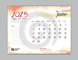 Calendar 2025 template, Desk Calendar 2025 template, June 2025, week start on sunday, Wall calendar, planner, stationery, Printing