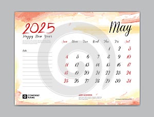 Calendar 2025 template, Desk Calendar 2025 template, May 2025, week start on sunday, Wall calendar, planner, stationery, Printing