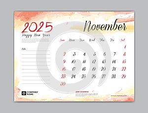 Calendar 2025 template, Desk Calendar 2025 template, November 2025, week start on sunday, Wall calendar, planner, stationery,