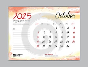 Calendar 2025 template, Desk Calendar 2025 template, October 2025, week start on sunday, Wall calendar, planner, stationery,