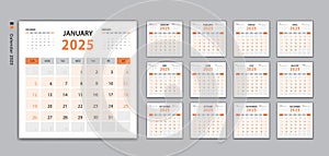 Calendar 2025 template vector, Desk Calendar 2025 design, Wall calendar, Week Starts on Sunday. Set of 12 Months