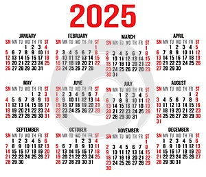 Calendar 2025 vector template, Planner 2025 year, Wall calendar 2025 year, simple minimal design, printing, stationery,