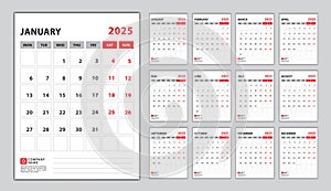 Calendar 2025 week start monday, wall calendar 2025 year, desk calendar 2025 design vector set 12 months, Poster, planner,