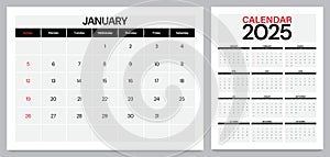 Calendar 2025 week start sunday corporate design template vector