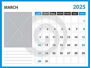 calendar 2025 year template - March 2025 year, Week Starts on Sunday, Desk calendar 2025 design, Wall calendar, planner design,