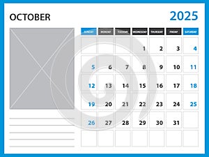 calendar 2025 year template - October 2025 year, Week Starts on Sunday, Desk calendar 2025 design, Wall calendar, planner design,