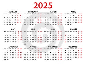 Calendar 2025 year vector illustration, Set of 12 calendar, week starts on Monday, Simple planner template, desk calendar 2025