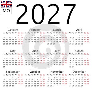 Calendar 2027, English, Monday