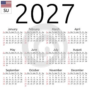 Calendar 2027, English, Sunday