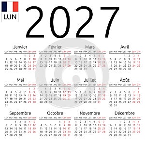 Calendar 2027, French, Monday