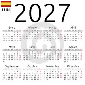Calendar 2027, Spanish, Monday