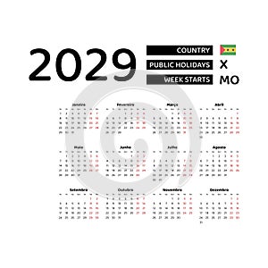 Calendar 2029 Portuguese language with Sao Tome and Principe public holidays.