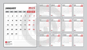 Calendar 2029 week start monday, wall calendar 2029 year, desk calendar 2029 design vector set 12 months, Poster, planner,