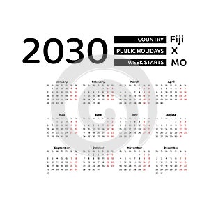 Calendar 2030 English language with Fiji public holidays.