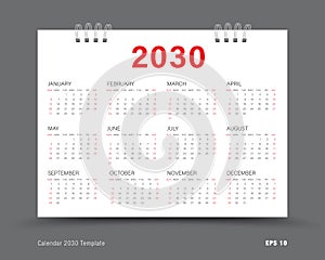 Calendar 2030 template vector, Set of 12 calendar in 2030, wall calendar 2030 year, business template, print media, advertisement