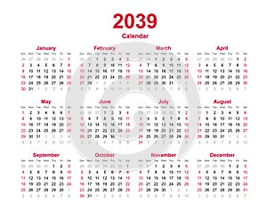 Calendar 2039 - 12 months yearly vector calendar in year 2039 - calendar template - planner calendar