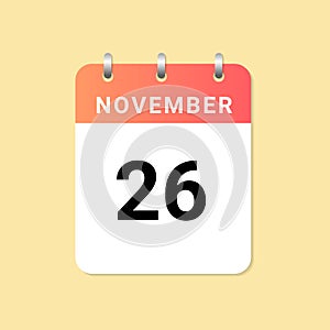 Daily calendar 26th of November month on white paper note